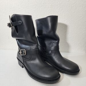 Coach Black Leather Engineer Moto Ankle Boots Buckle Straps Size 6.5 B